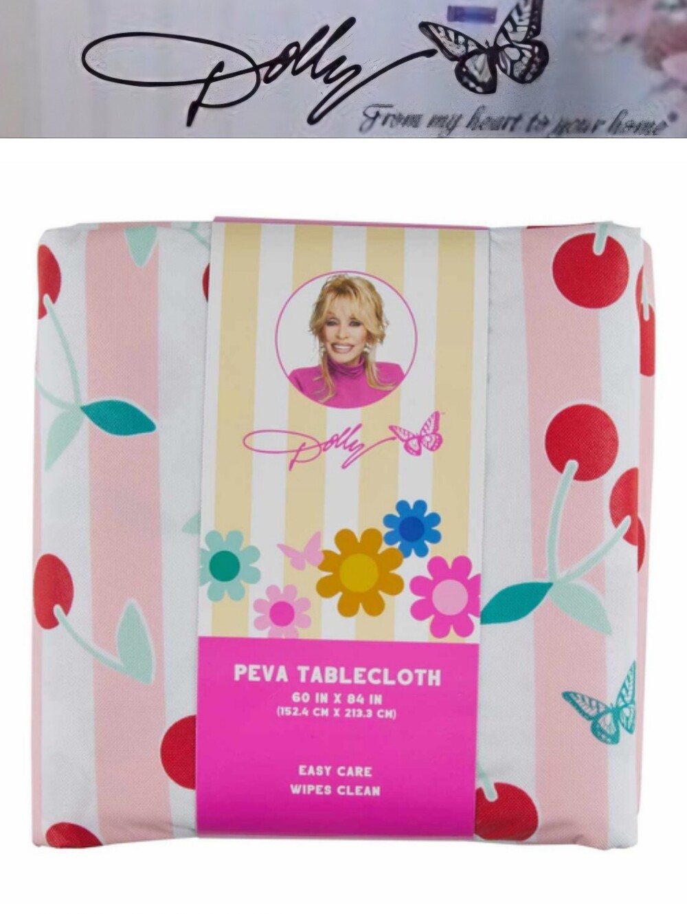 Dolly Parton Cherry Stripe Printed PEVA Tablecloth